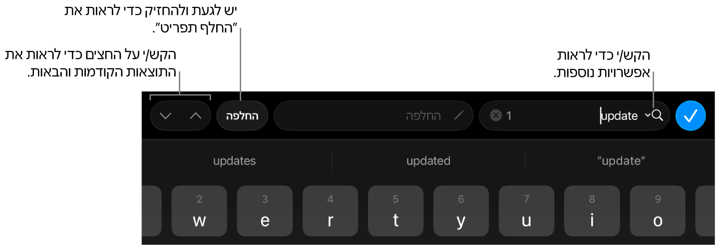 פקדי ״חפש והחלף״ מעל למקלדת עם הסברים לכפתורים ״אפשרויות חיפוש״, ״החלף״ ומעבר למעלה/מעבר למטה.