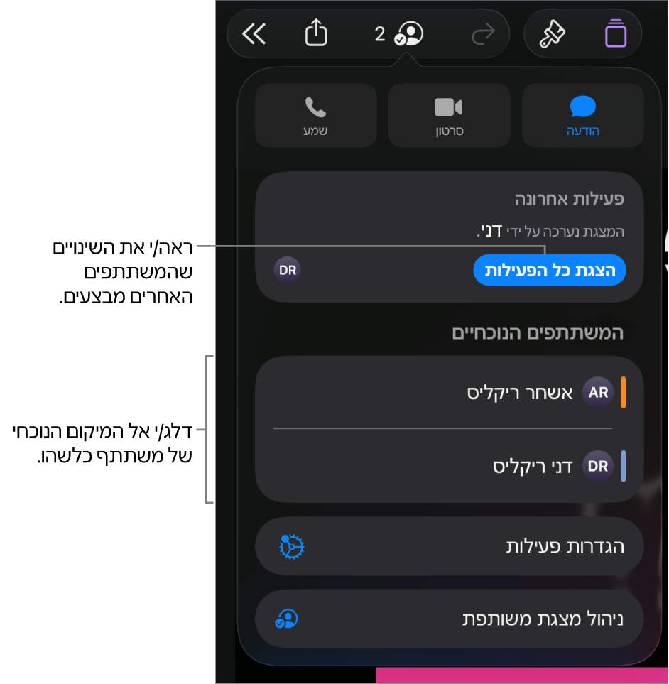 תפריט ״שיתוף פעולה״ שרואים בו משתתפים פעילים כעת.