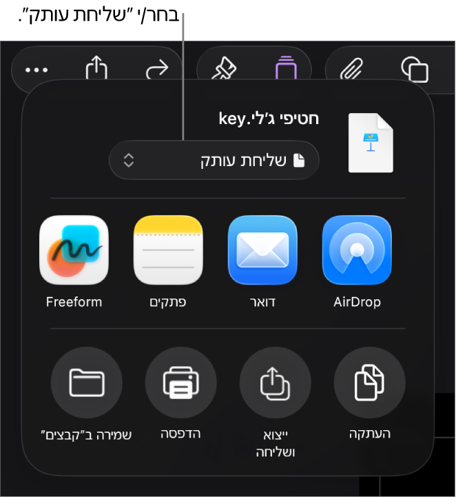 תפריט השיתוף כאשר האפשרות ״שלח/י עותק״ נבחרת בחלק העליון.
