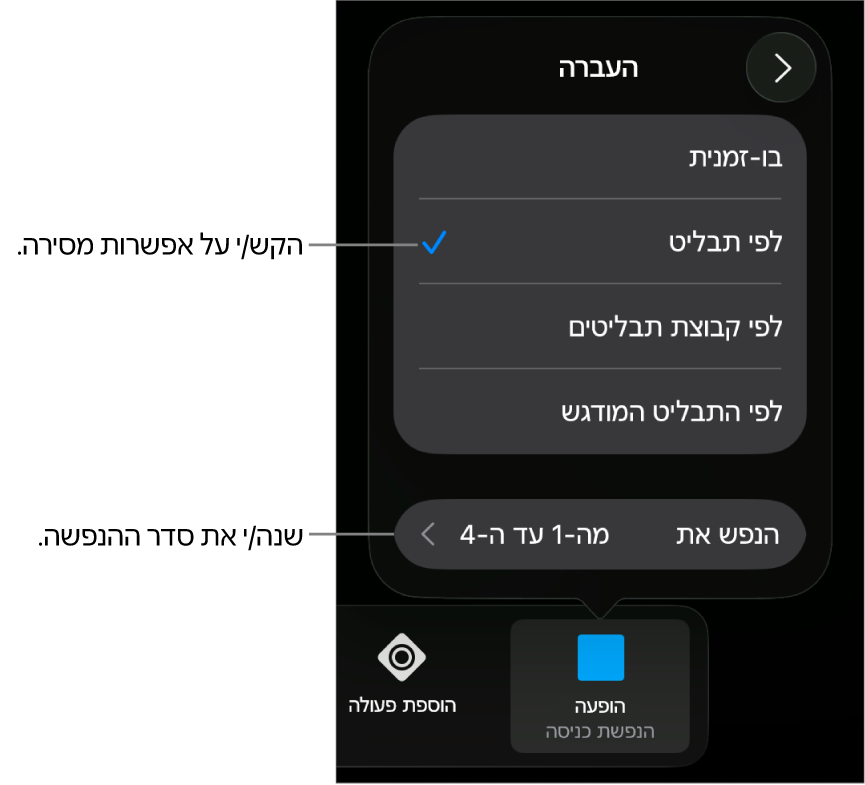 אפשרויות ״העברה״ בחלונית ״הנפשת כניסה״.