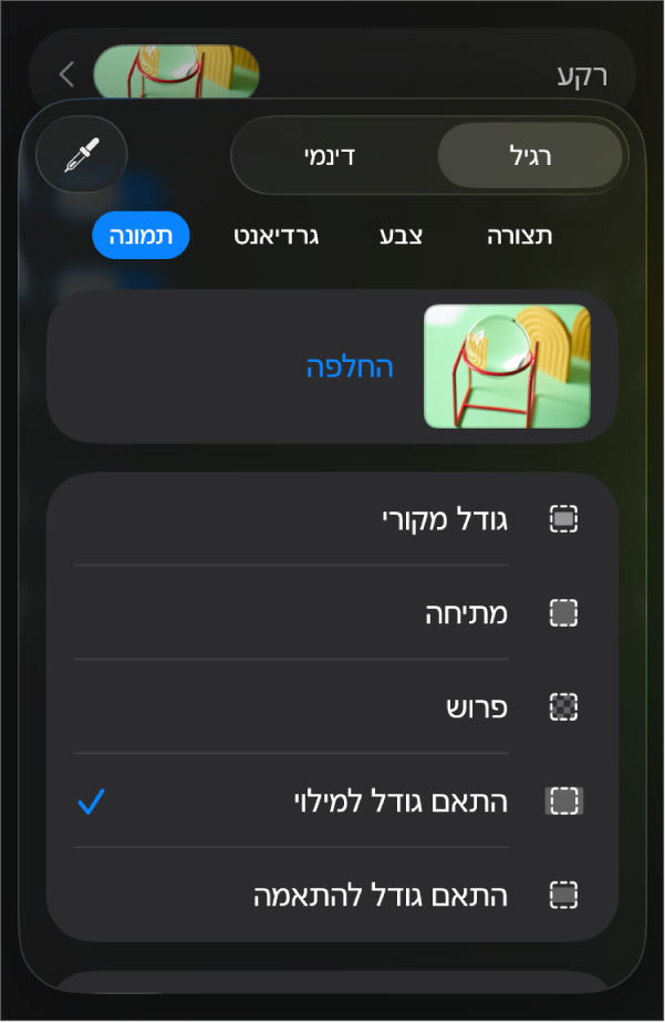 כלי הבקרה של ״רקע״, עם תמונה שמוגדרת כרקע של השקף. בחלק התחתון נמצא כלי הבקרה ״כיסוי בצבע״.