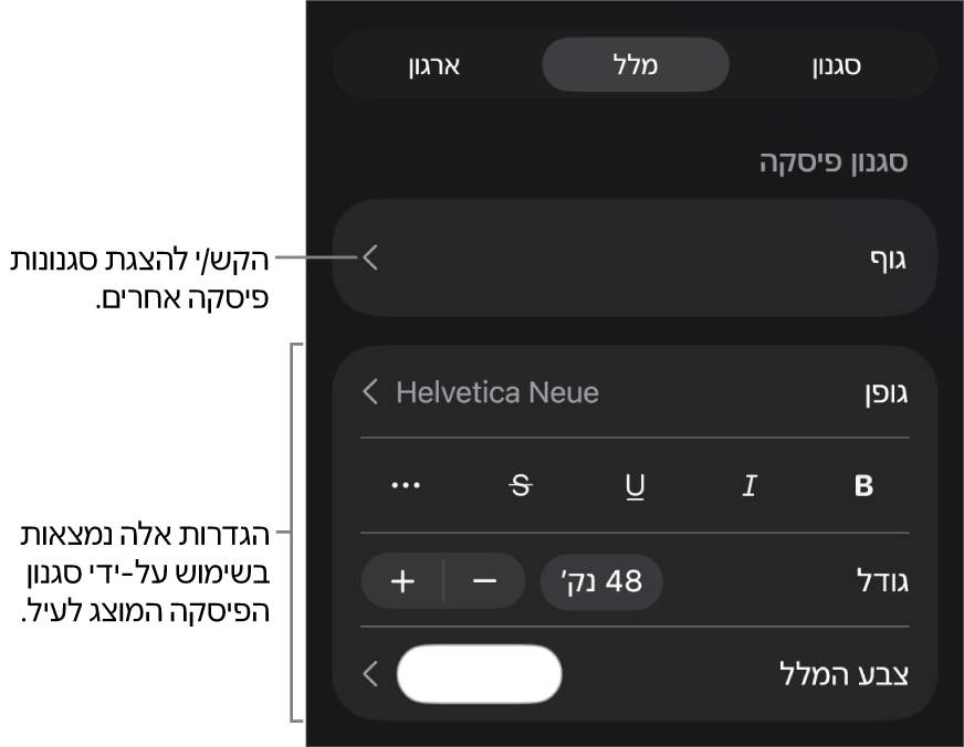 תפריט ״עיצוב״ עם כלי בקרה של מלל להגדרת סגנונות, גופן, גודל וצבע עבור פיסקאות ותווים.