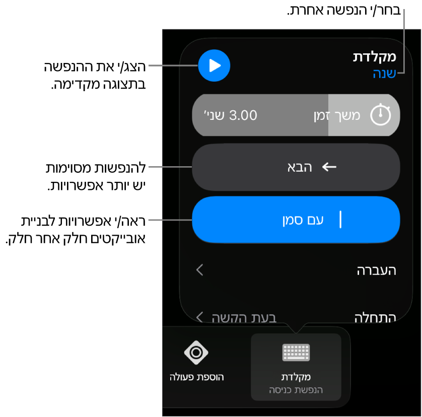 אפשרויות ההנפשה כוללות ״משך זמן״, ״העברה״ ותזמון ״התחלה״. הקש/י על ״שינוי״ כדי לבחור הנפשה אחרת, או על ״תצוגה מקדימה״ כדי להתחיל תצוגה מקדימה של ההנפשה.
