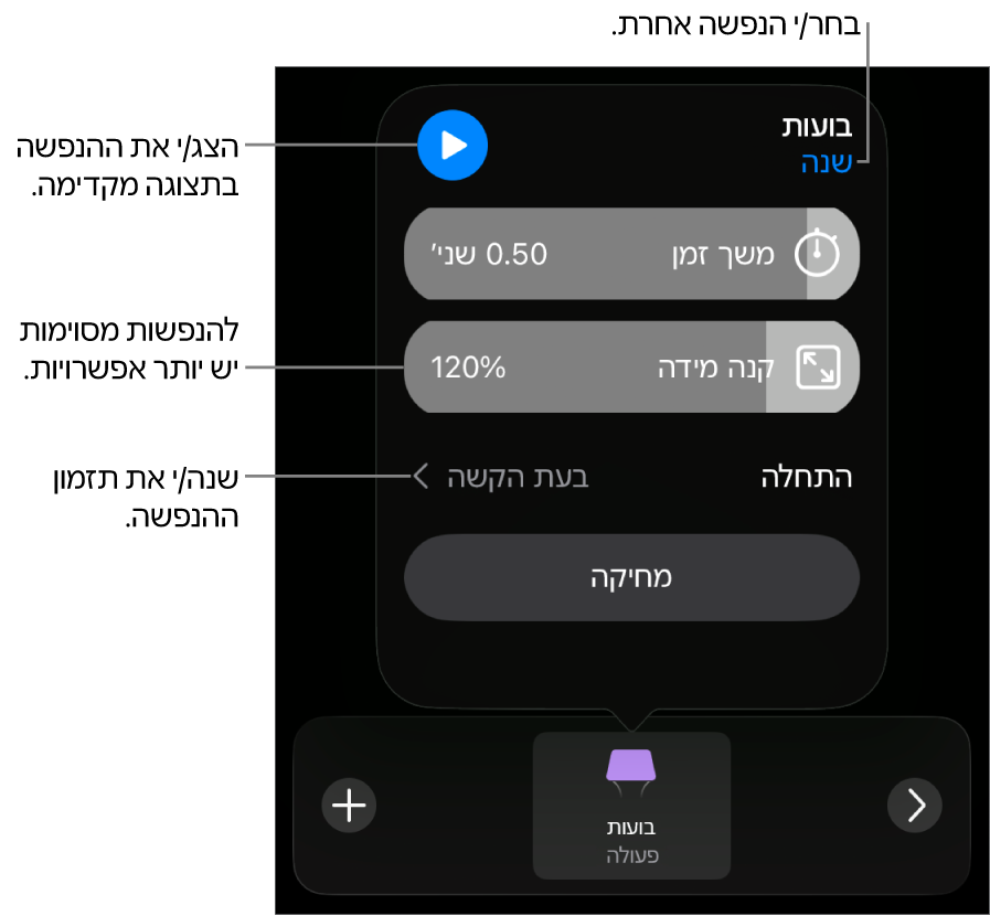 אפשרויות ההנפשה כוללות תזמון ״משך זמן״ ו״התחלה״. הקש/י על ״שינוי״ כדי לבחור הנפשה אחרת, או על ״תצוגה מקדימה״ כדי להתחיל תצוגה מקדימה של ההנפשה.