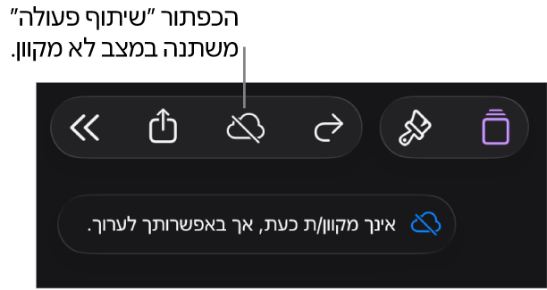 הכפתורים בראש המסך, עם הכפתור ״שיתוף פעולה״ שהשתנה לענן עם קו אלכסוני חוצה. התראה על המסך עם הכיתוב ״ניתן לערוך למרות שהמכשיר שלך לא מחובר לאינטרנט״.
