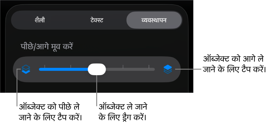 “पीछे जाएँ” बटन, “आगे जाएँ” बटन और लेयर स्लाइडर।
