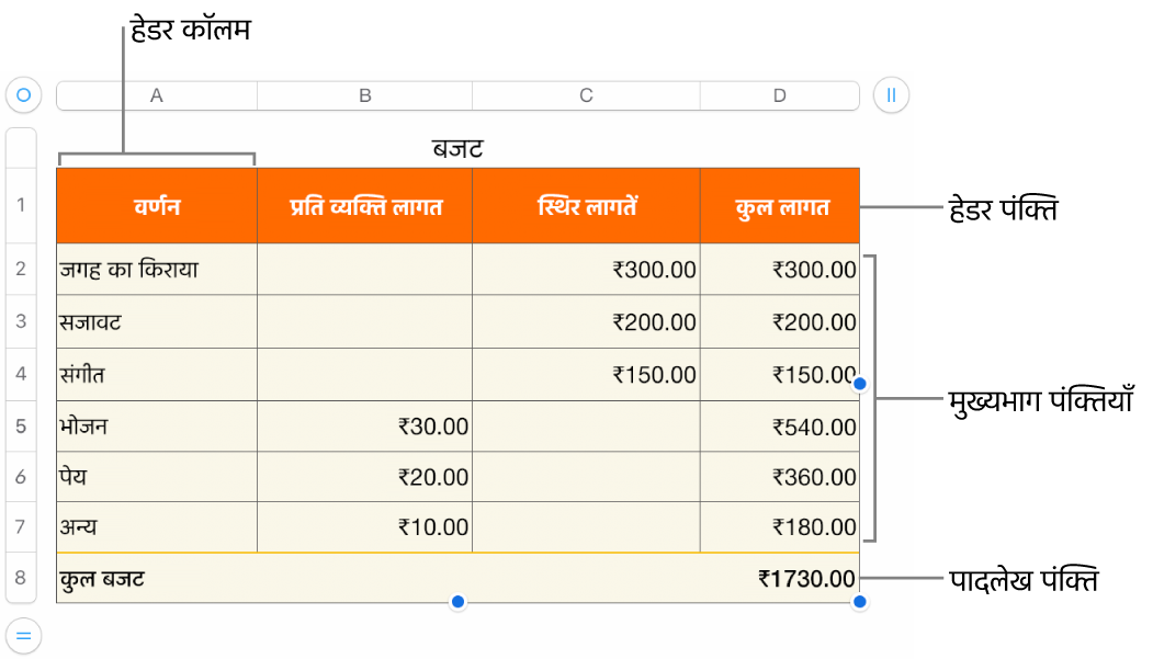 हेडर , मुख्य भाग, और फ़ुटर पंक्तियाँ और कॉलम, और पंक्तियाँ या कॉलम जोड़ने या डिलीट करने के हैंडल दिखाता टेबल।