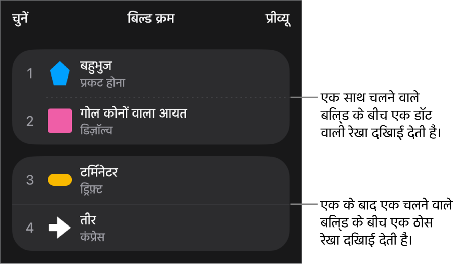 बिल्ड क्रम मेनू और साथ-साथ चलने वाले बिल्ड के बीच डॉट वाली रेखा और एक के बाद एक चलने वाले बिल्ड के बीच ठोस रेखा।