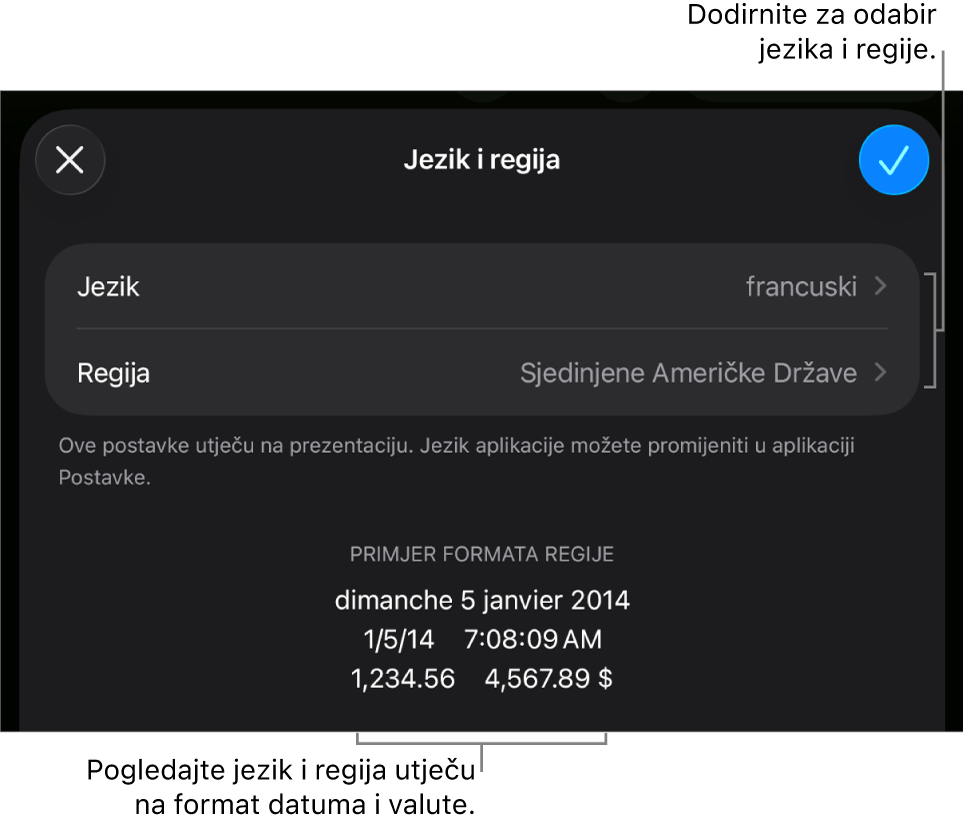 Prozor Jezik i regija s kontrolama za jezik i regiju te primjer formatiranja uključujući datum, vrijeme, decimalu i valutu.