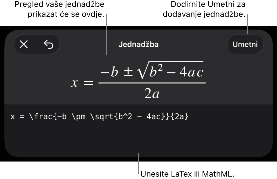 Dijaloški okvir Jednadžba koji prikazuje jednadžbu napisanu korištenjem MathML naredbi i prikaz gornje formule.