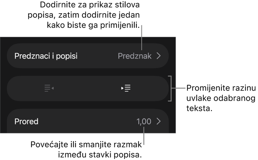 Odjeljak Predznaci i popisi kontrola formatiranja s oblačićima na Predznake i popise, tipke za izvlake i uvlake i kontrole razmaka između redaka.