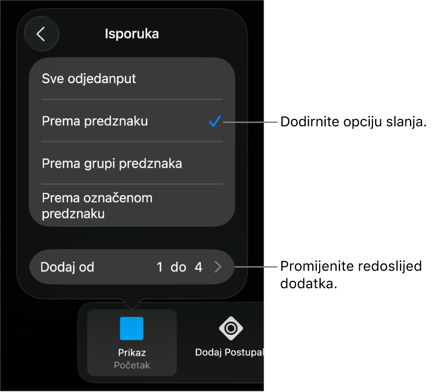 Opcije isporuke u prozoru Dodavanje.