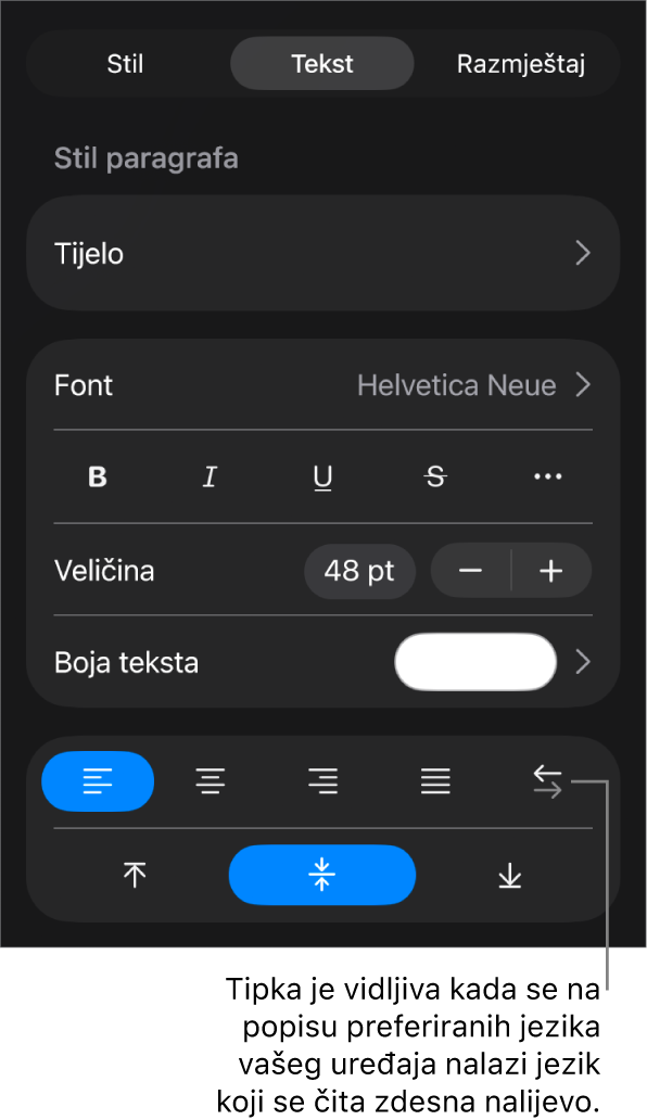 Kontrole teksta na izborniku Formatiraj s oblačićem na tipku Slijeva nadesno.