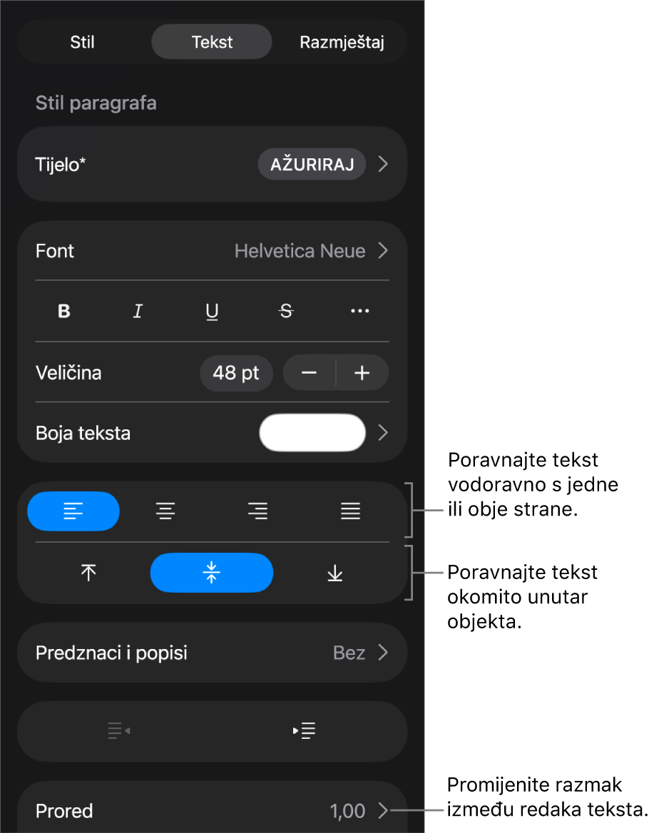 Prozor Raspored s balončićima za tipke za poravnanje teksta i razmak.
