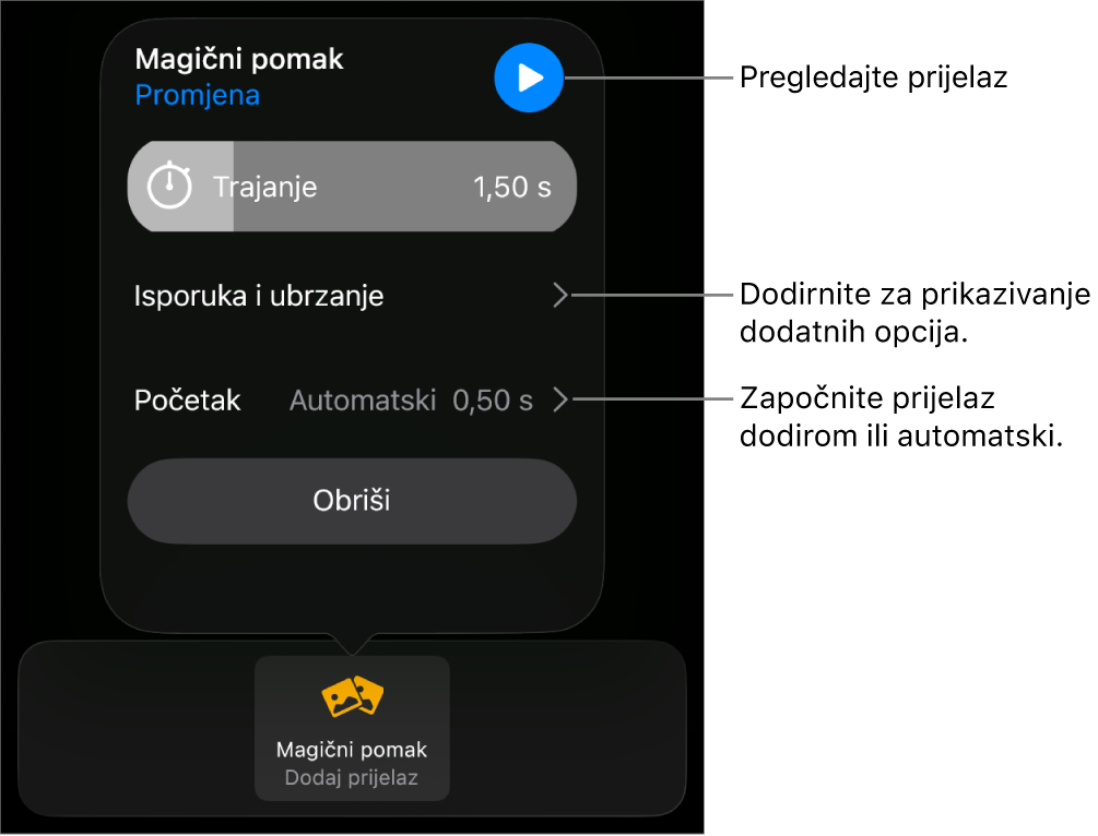 Kontrole za Magični pomak u prozoru Prijelazi.