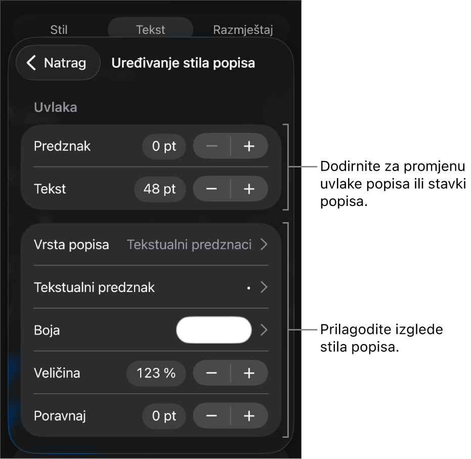 Izbornik Uredi stil popisa s kontrolama za uređivanje vrste i izgleda popisa.