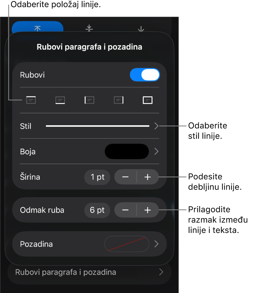 Kontrole za promjenu stila, debljine, položaja i boje linije.