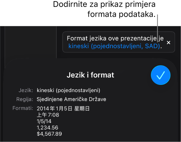 Obavijest o postavci drugog jezika i regije, pokazuje primjere formatiranja na tom jeziku i u toj regiji.