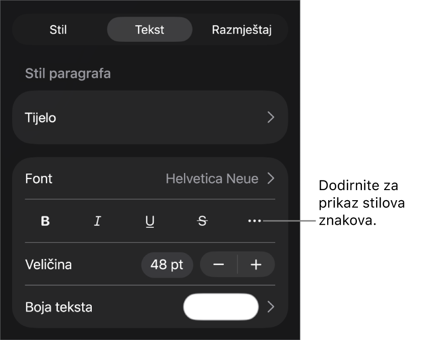 Kontrole opcije Formatiraj sa stilovima paragrafa pri vrhu, zatim kontrole Fonta. Ispod su tipke opcija teksta Podebljano, Kurziv, Podcrtavanje, Precrtavanje i Više.