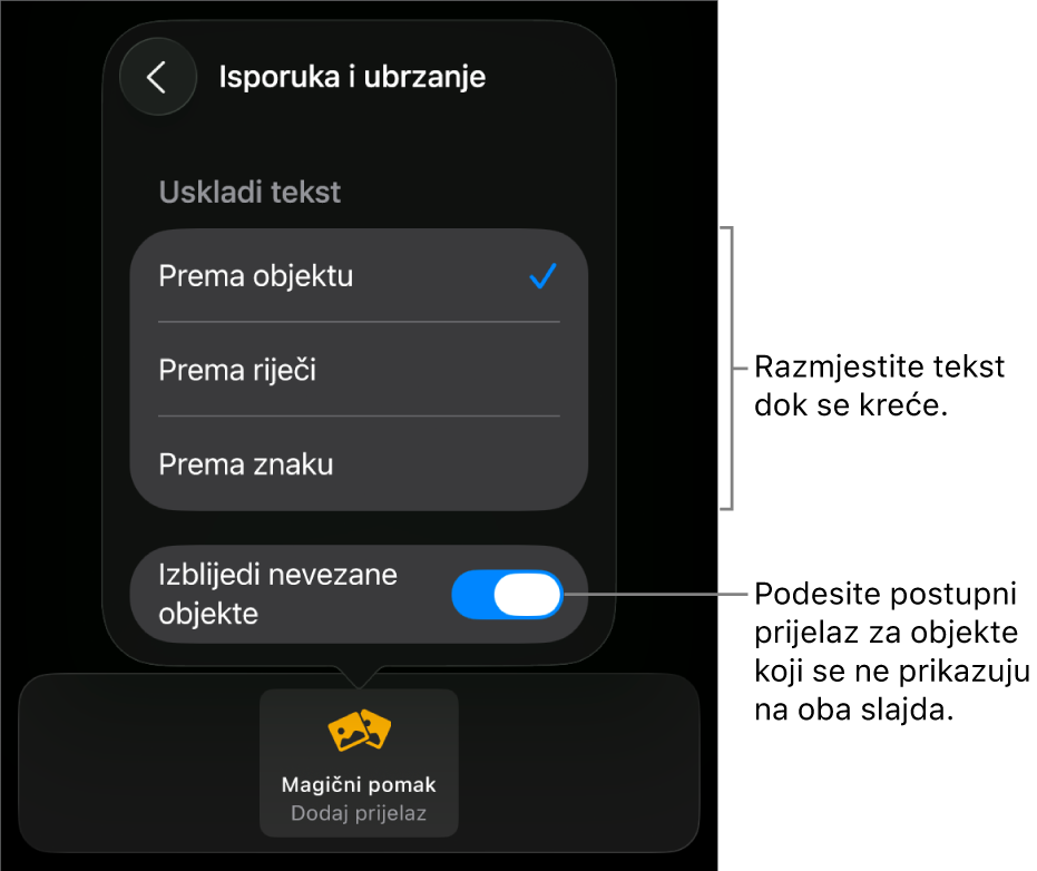 Opcije za isporuku i ubrzanje za Magični pomak u prozoru za Ubrzanje.