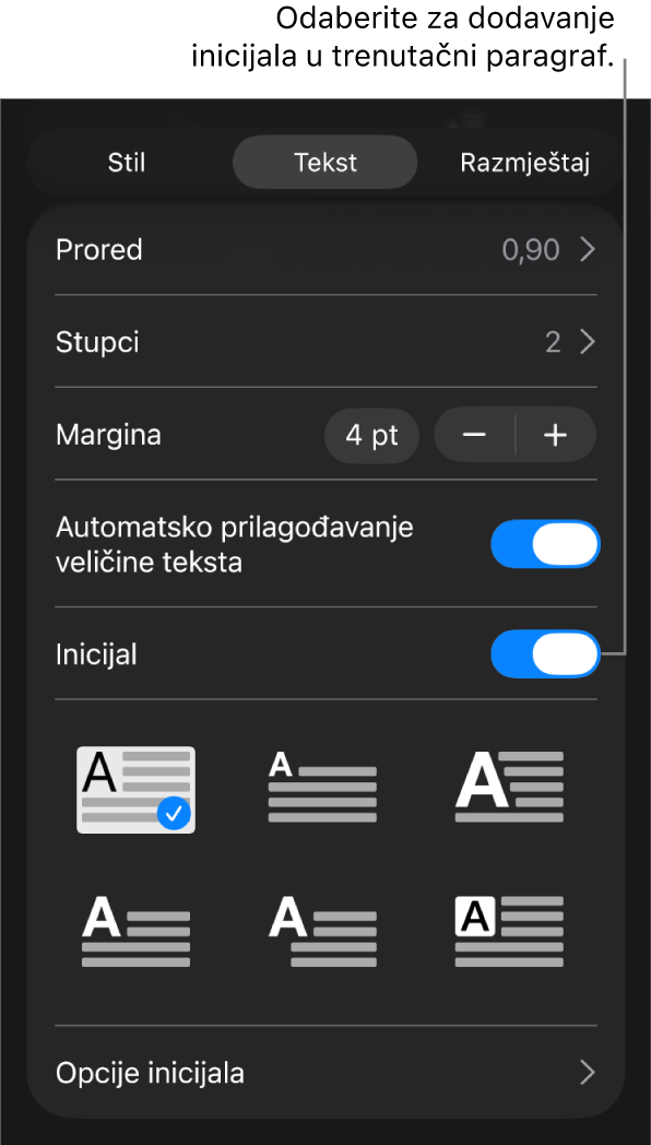 Kontrole opcija Inicijal koje se nalaze u izborniku Tekst.