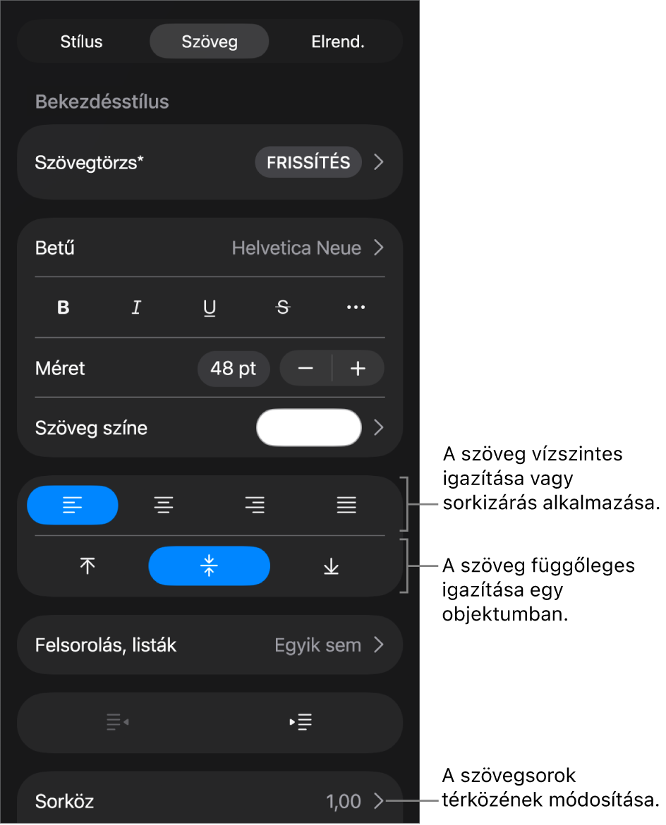 Az Elrendezés panel a szövegigazítási és térköz-beállítási gombokat ismertető feliratokkal.