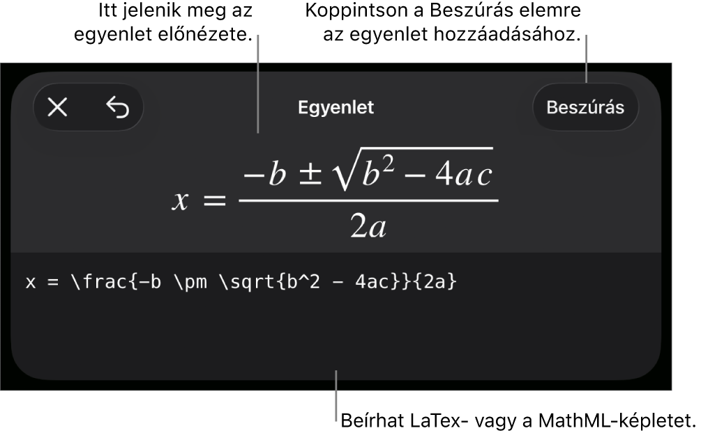 Az Egyenlet párbeszédpanel, amelyen egy, a MathML-parancsok használatával írt egyenlet, felül pedig az egyenlet előnézete látható.