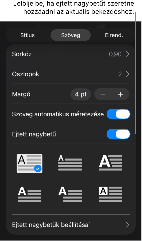 A Szöveg menüben található Iniciálé vezérlők.