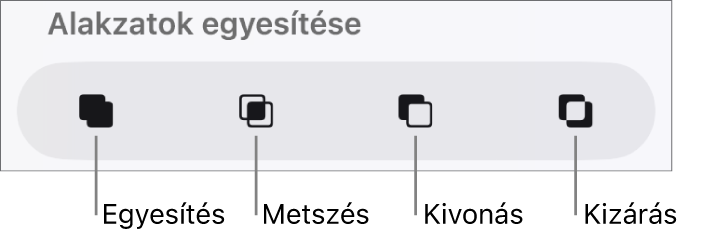 Az Alakzatok egyesítése alatt található Egyesítés, Metszés, Kivonás és Kizárás gombok.