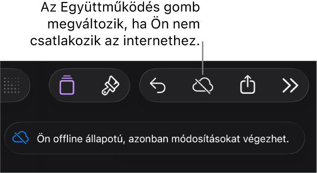 A képernyő tetején található gombok, ahol az Együttműködés gomb egy átlósan áthúzott felhőre módosul. Figyelmeztetés a képernyőn: „Offline módban van, de folytathatja a szerkesztést”.