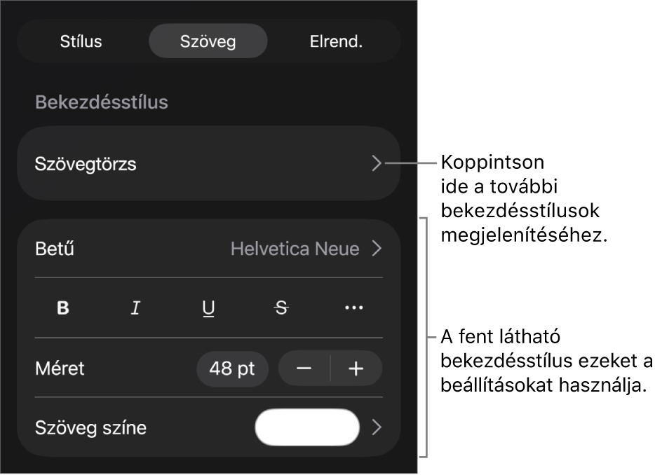 A Formátum menü a bekezdés és a karakterek stílusának, betűtípusának, méretének és színének beállítására szolgáló vezérlőkkel.