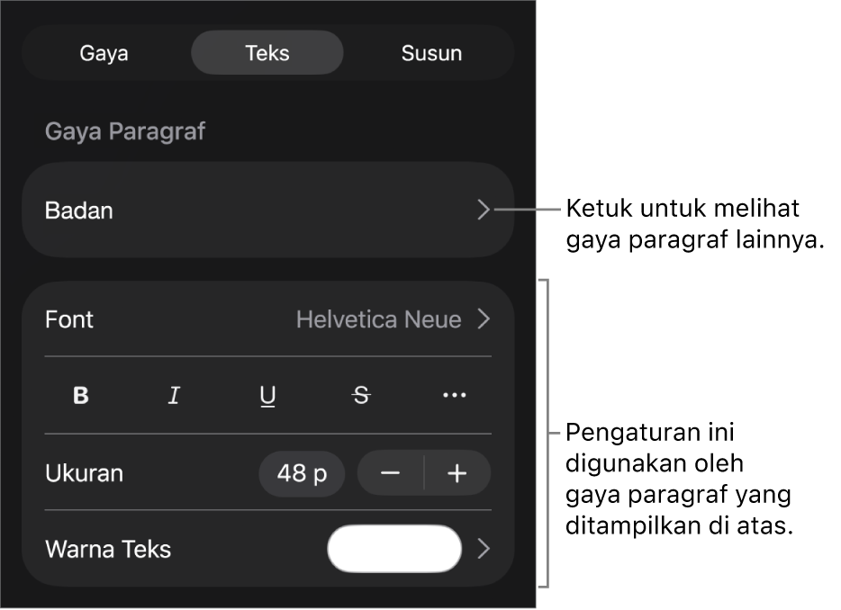 Menu Format menampilkan kontrol teks untuk mengatur paragraf dan gaya karakter, font, ukuran, dan warna.