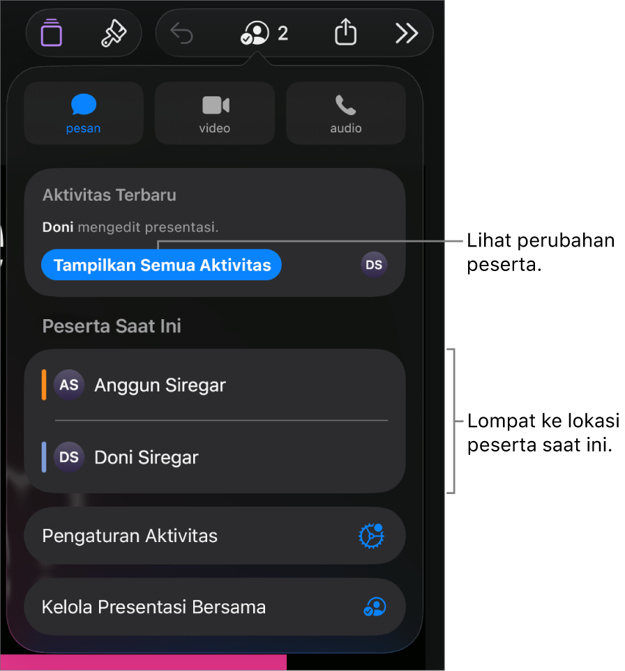Menu kolaborasi dengan peserta saat ini terdaftar.