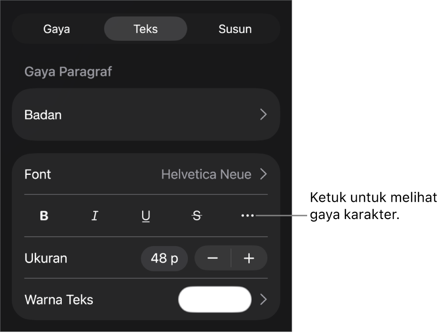Kontrol Format dengan gaya paragraf di bagian atas, lalu kontrol Font. Di bawah Font terdapat tombol Tebal, Garis Bawah, Coret, dan Pilihan Teks Lainnya.