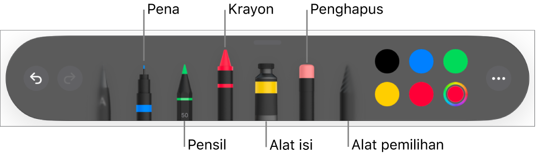 Bar alat gambar dengan alat pena, pensil, krayon, isi, penghapus, alat pemilihan, dan bidang warna yang menampilkan warna saat ini.