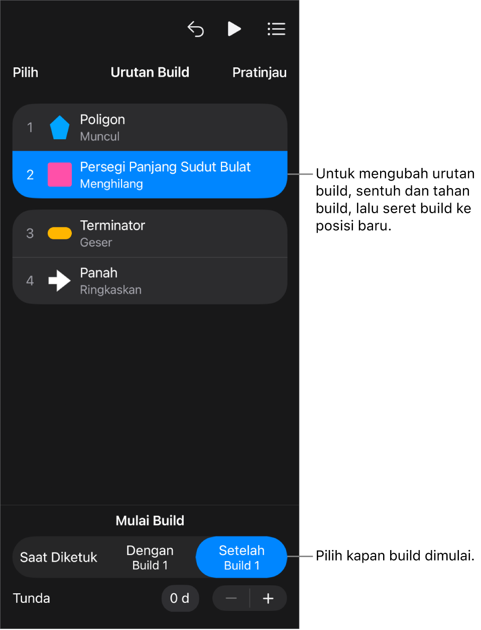 Daftar Urutan Build menampilkan efek mulai dengan tanda kuning dan efek selesai dengan tanda abu-abu.
