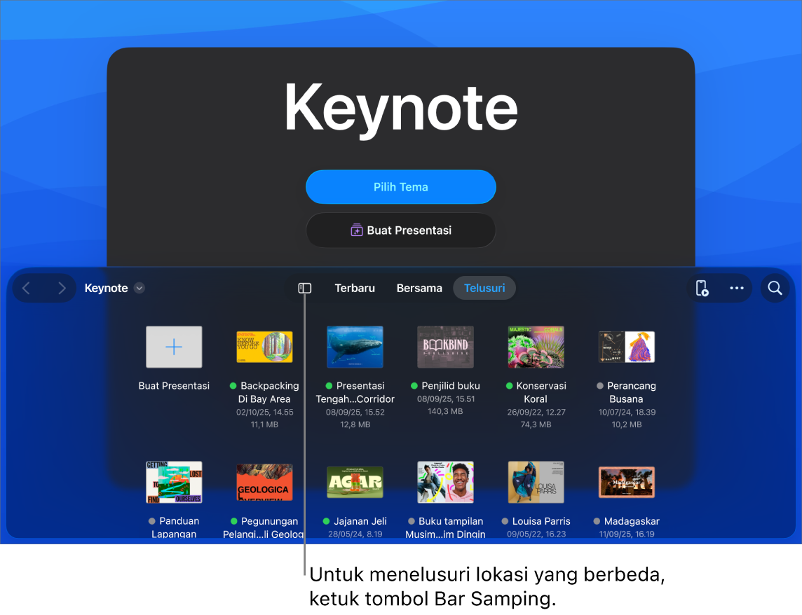 Pengelola dokumen dengan tombol untuk memilih tema dan memulai presentasi dari kerangka di bagian atas layar, dan browser dokumen dengan presentasi bersama di bagian bawah.