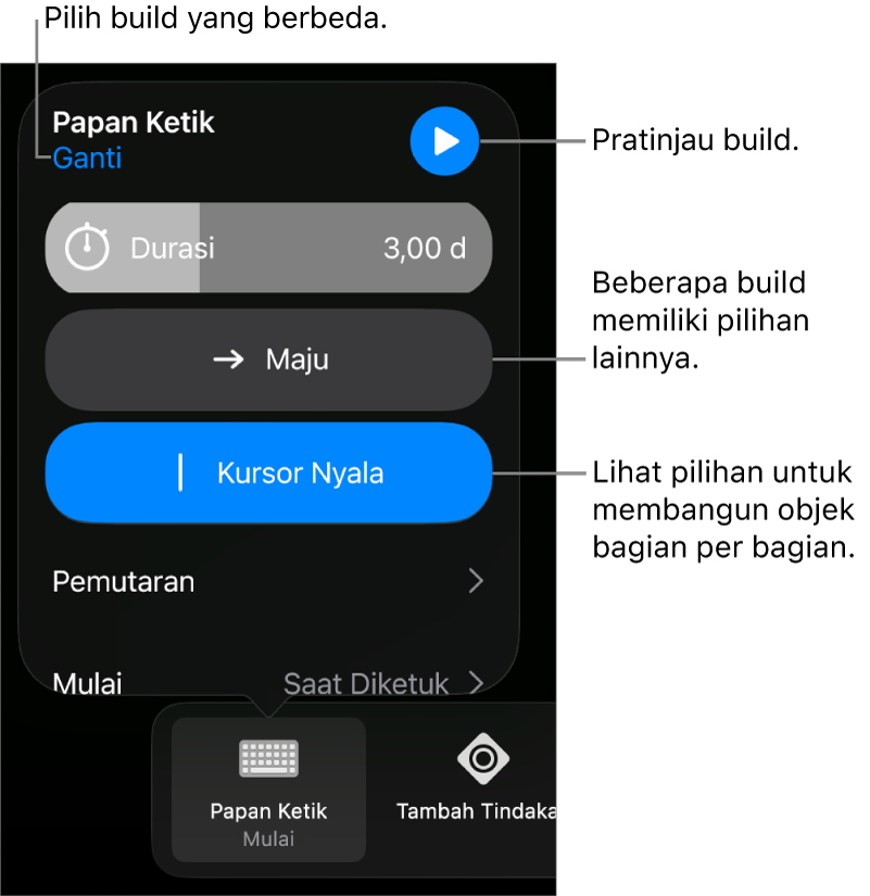 Pilihan build termasuk Durasi, Pengiriman, dan Mulai waktu. Ketuk Ubah untuk memilih build berbeda, atau ketuk Pratinjau untuk mempratinjau build.