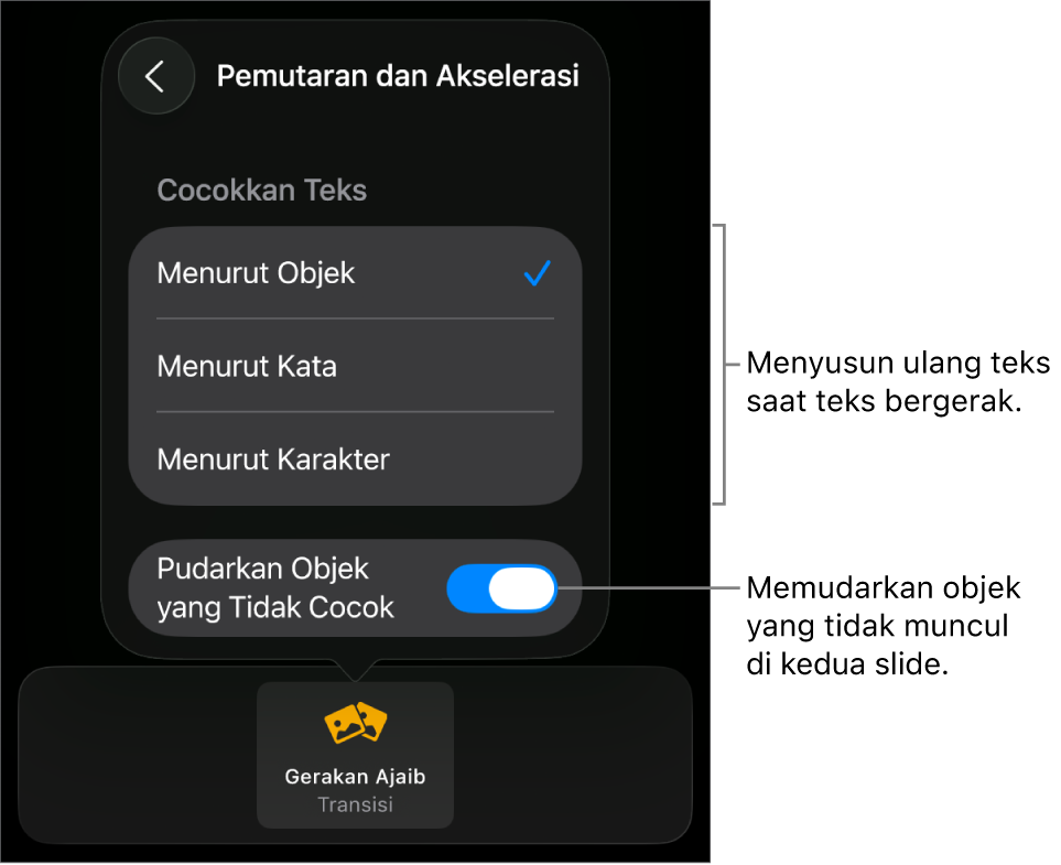 Pilihan pengiriman dan akselerasi Gerakan Ajaib di panel Akselerasi.