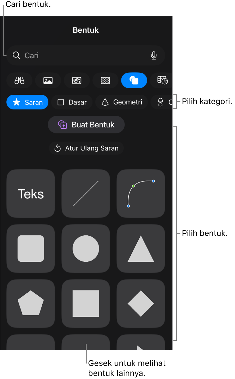 Perpustakaan bentuk, dengan kategori di bagian atas dan bentuk ditampilkan di bawah. Anda dapat menggunakan bidang pencarian di bagian atas untuk menemukan bentuk dan menggesek untuk melihat lainnya.