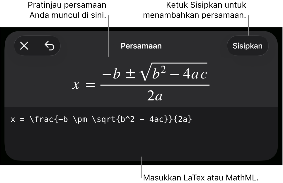 Dialog Persamaan, menampilkan sebuah persamaan ditulis menggunakan perintah MathML, dan pratinjau formula di atas.