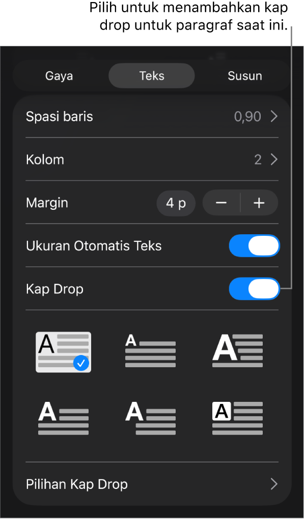 Kontrol Kap Drop terletak di menu Teks.