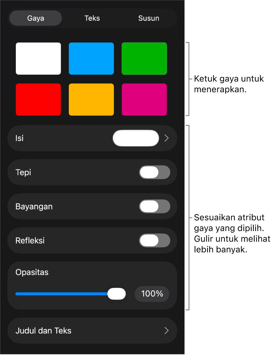 Tab Gaya menu Format dengan gaya objek di bagian atas dan kontrol di bawahnya untuk mengubah tepi, bayangan, refleksi, dan opasitas.
