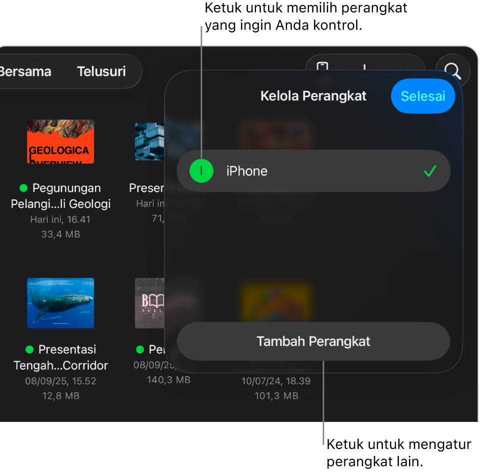 Pop-over Kelola Perangkat, menampilkan tautan Tambah Perangkat.