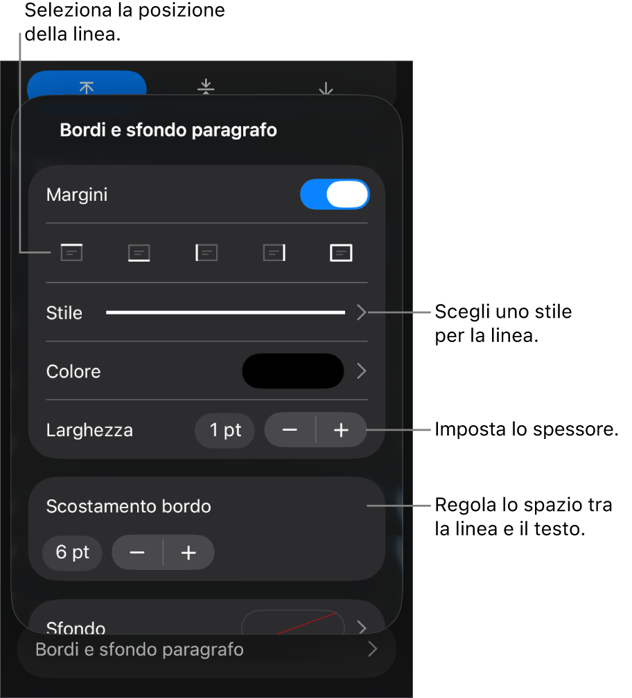 Controlli per modificare lo stile, lo spessore, la posizione e il colore della linea.