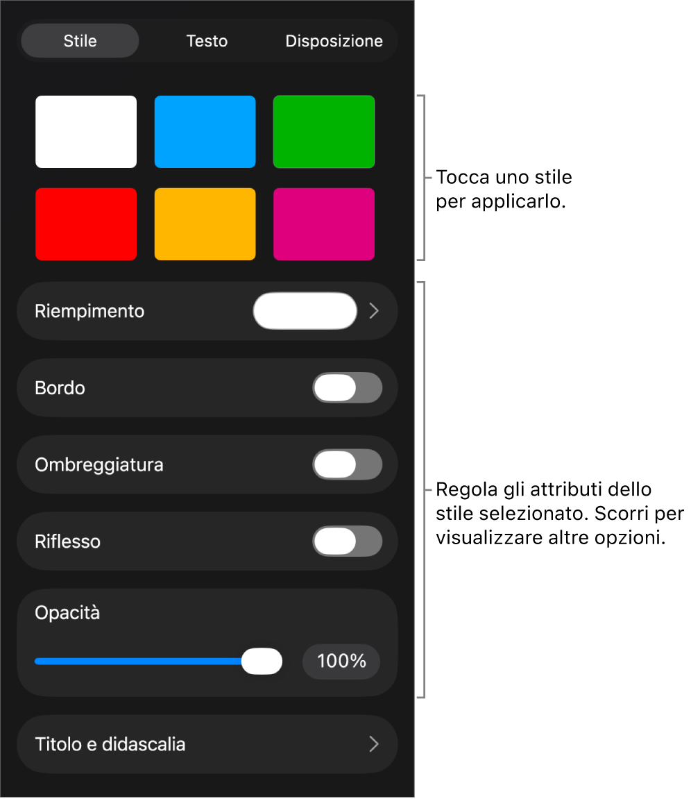 Pannello Stile del menu Formato con gli stili dell’oggetto in alto e un controllo sottostante per cambiare bordo, ombra, riflesso e opacità.