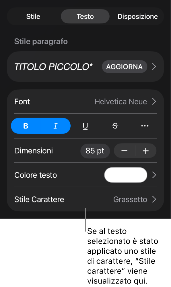 Controlli di Formato con “Stile carattere” sotto i controlli di Colore. Stile carattere Nessuno compare con un asterisco.