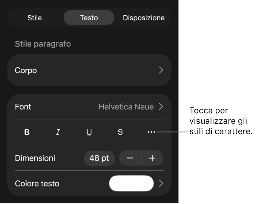 I controlli Formato con gli stili di paragrafo nella parte superiore, quindi i controlli Font. Sotto Font sono presenti i pulsanti Grassetto, Corsivo, Sottolineato, Barrato e “Altre opzioni di testo”.