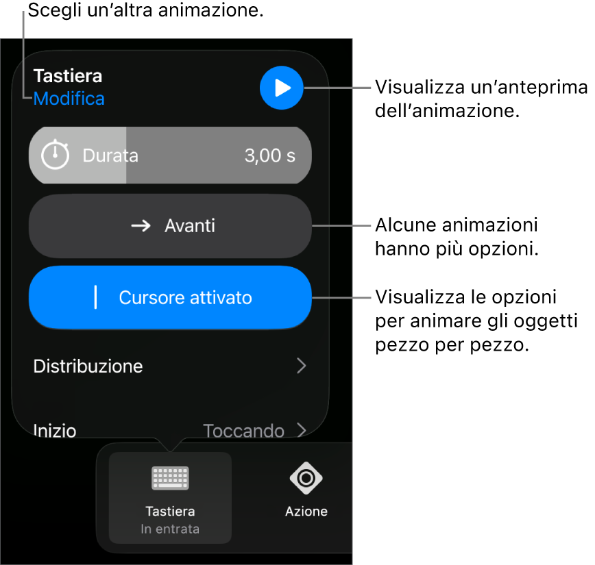 Le opzioni di animazione includono Durata, Distribuzione e tempo di Inizio. Tocca Modifica per scegliere un’animazione differente oppure tocca Anteprima per visualizzare l’anteprima dell’animazione.