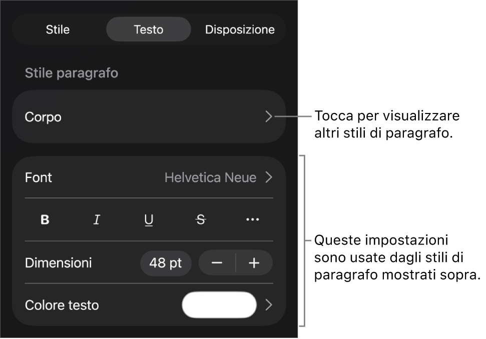 Menu Formato con controlli di testo per impostare stili carattere e paragrafo, font, dimensione e colore.